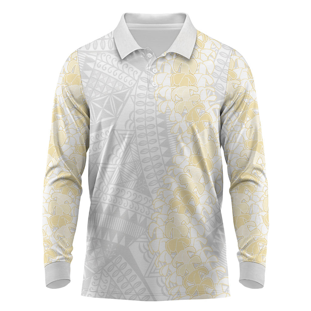 Niue White Sunday Long Sleeve Polo Shirt Niuean Hiapo With Puakenikeni Lei LT05 White - Polynesian Pride