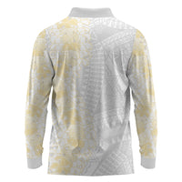 Niue White Sunday Long Sleeve Polo Shirt Niuean Hiapo With Puakenikeni Lei LT05 - Polynesian Pride