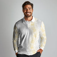 Niue White Sunday Long Sleeve Polo Shirt Niuean Hiapo With Puakenikeni Lei LT05 - Polynesian Pride