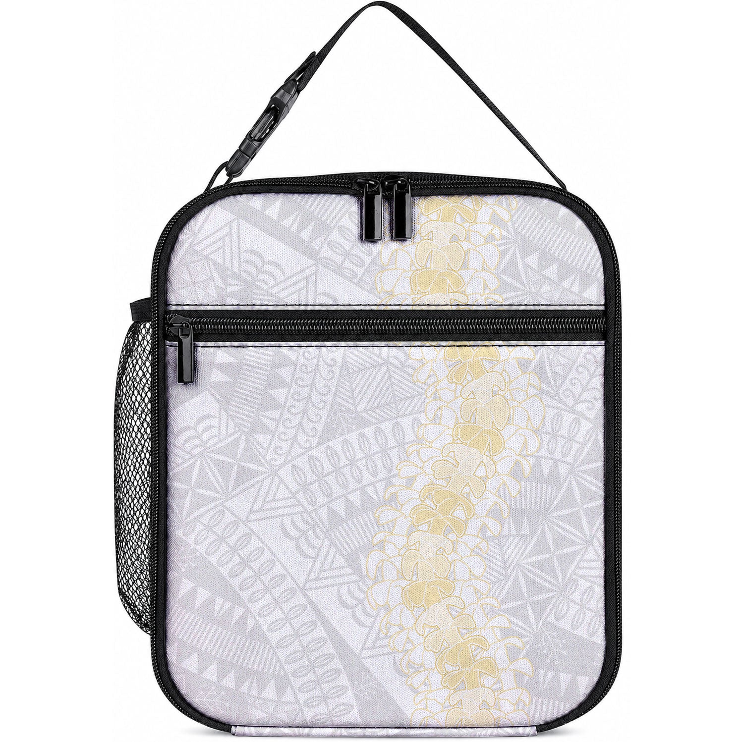 Niue White Sunday Lunch Bag Niuean Hiapo With Puakenikeni Lei LT05 10.2 × 8.3 × 4.3 inch White - Polynesian Pride