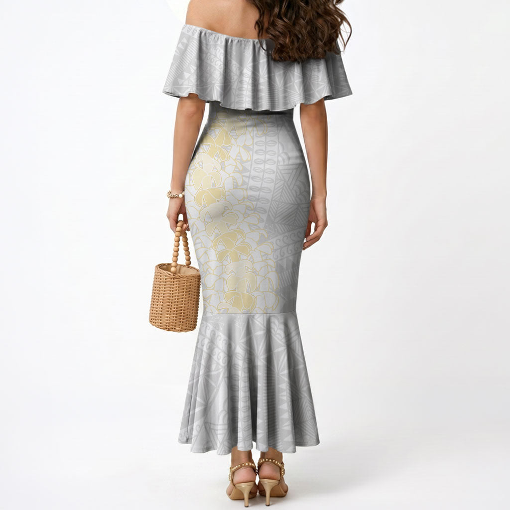 Niue White Sunday Mermaid Dress Niuean Hiapo With Puakenikeni Lei LT05 - Polynesian Pride