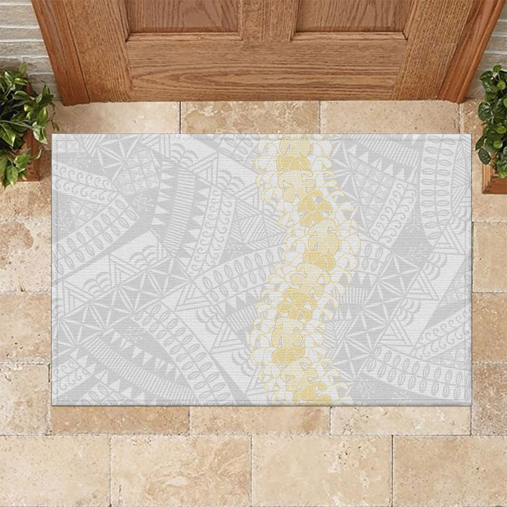 Niue White Sunday Rubber Doormat Niuean Hiapo With Puakenikeni Lei LT05 White - Polynesian Pride