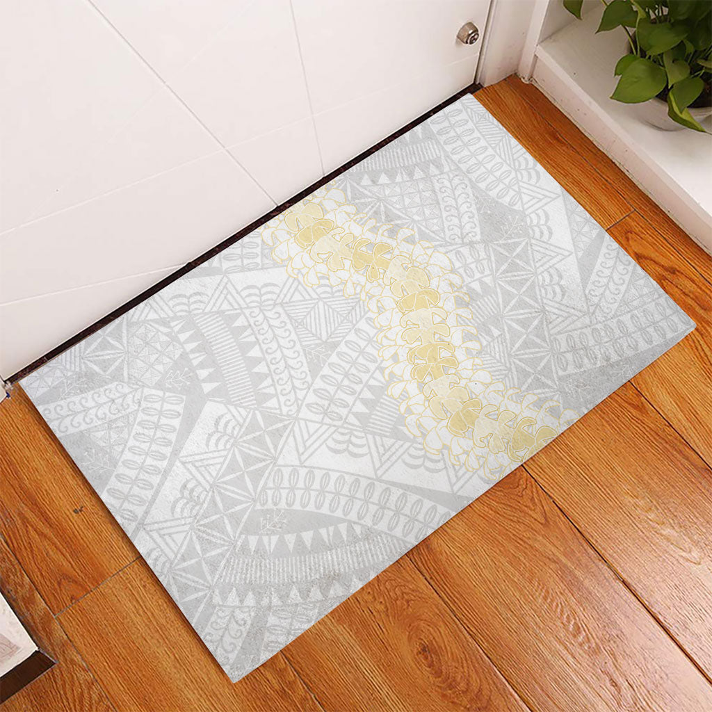 Niue White Sunday Rubber Doormat Niuean Hiapo With Puakenikeni Lei LT05 - Polynesian Pride