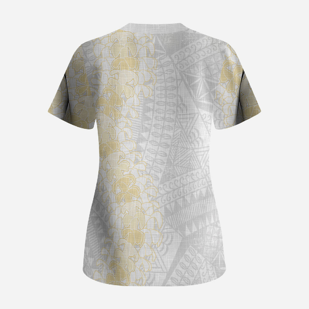 Niue White Sunday Scrub Top Niuean Hiapo With Puakenikeni Lei