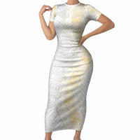 Niue White Sunday Short Sleeve Bodycon Dress Niuean Hiapo With Puakenikeni Lei LT05 Long Dress White - Polynesian Pride