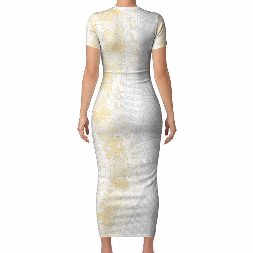 Niue White Sunday Short Sleeve Bodycon Dress Niuean Hiapo With Puakenikeni Lei LT05 - Polynesian Pride