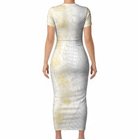Niue White Sunday Short Sleeve Bodycon Dress Niuean Hiapo With Puakenikeni Lei LT05 - Polynesian Pride