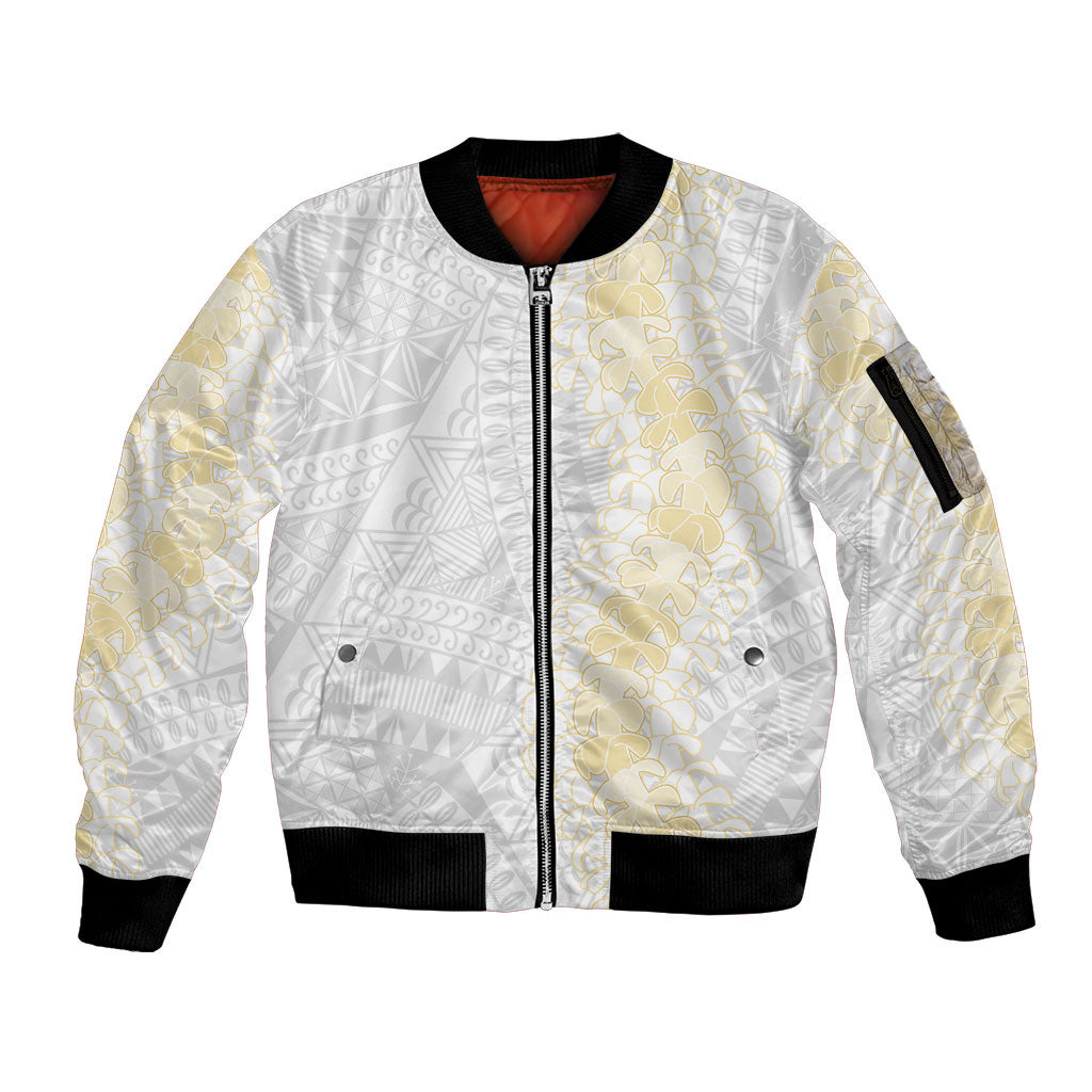 Niue White Sunday Sleeve Zip Bomber Jacket Niuean Hiapo With Puakenikeni Lei LT05 Unisex White - Polynesian Pride