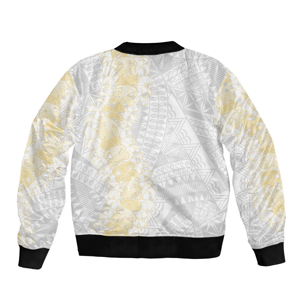 Niue White Sunday Sleeve Zip Bomber Jacket Niuean Hiapo With Puakenikeni Lei LT05 - Polynesian Pride