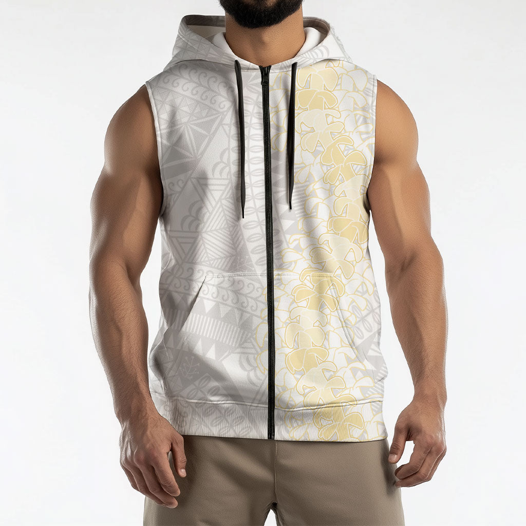 Niue White Sunday Sleeveless Zip Hoodie Niuean Hiapo With Puakenikeni Lei LT05 - Polynesian Pride
