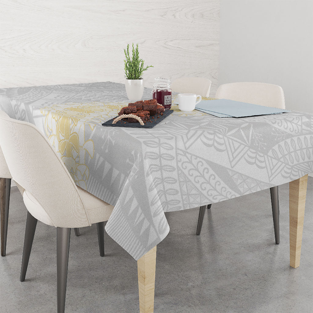 Niue White Sunday Tablecloth Niuean Hiapo With Puakenikeni Lei