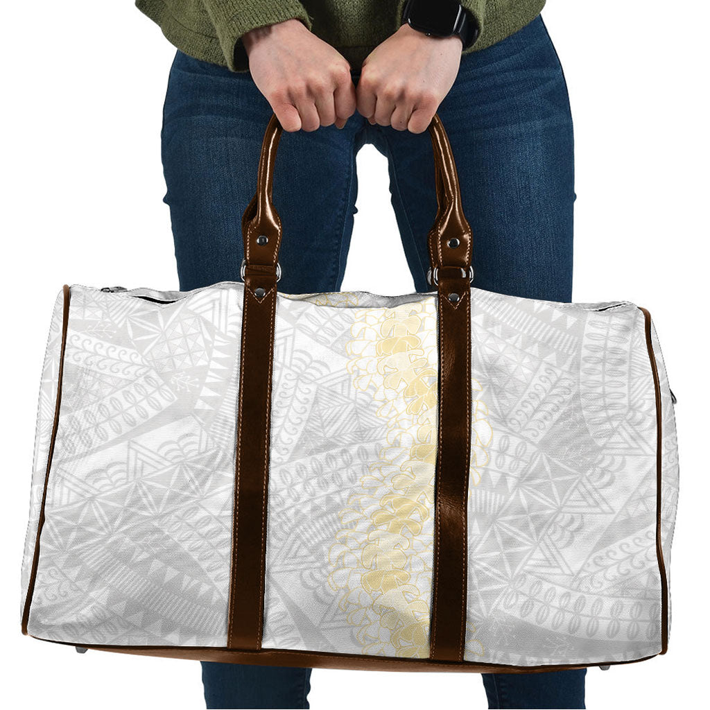 Niue White Sunday Travel Bag Niuean Hiapo With Puakenikeni Lei LT05 White - Polynesian Pride