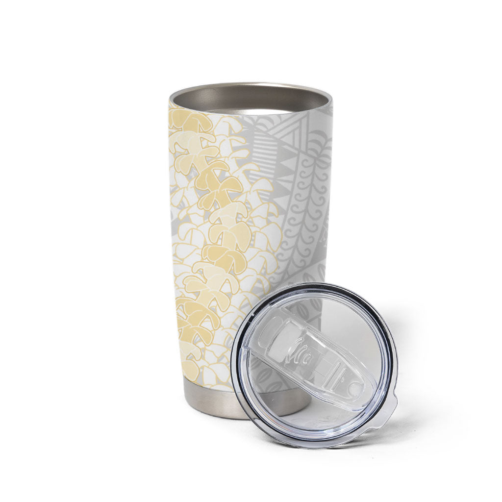 Niue White Sunday Tumbler Cup Niuean Hiapo With Puakenikeni Lei LT05 - Polynesian Pride