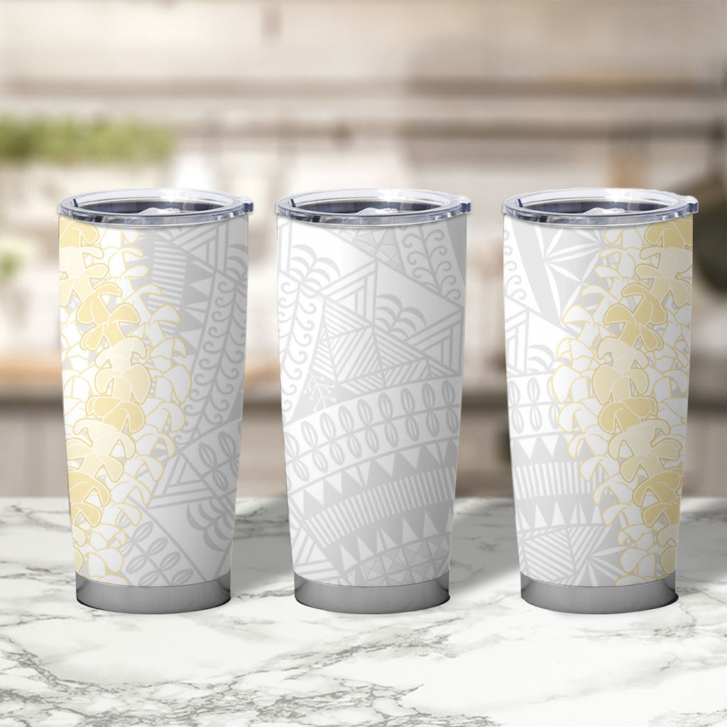 Niue White Sunday Tumbler Cup Niuean Hiapo With Puakenikeni Lei LT05 - Polynesian Pride