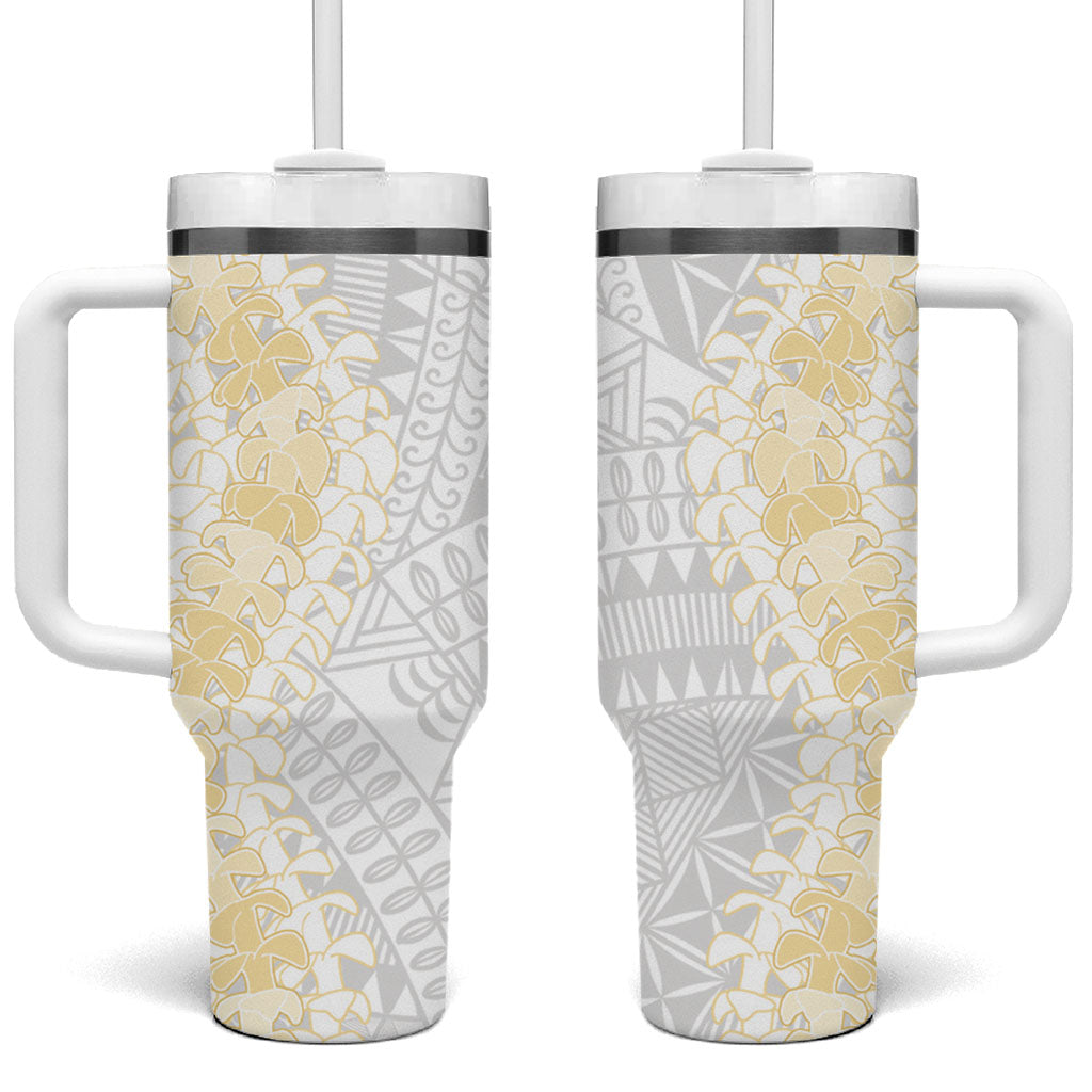 Niue White Sunday Tumbler With Handle Niuean Hiapo With Puakenikeni Lei