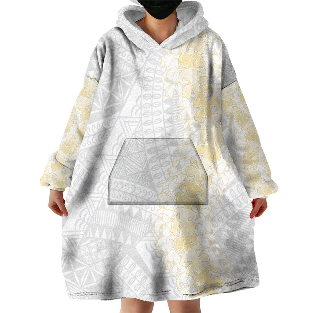 Niue White Sunday Wearable Blanket Hoodie Niuean Hiapo With Puakenikeni Lei LT05 - Polynesian Pride
