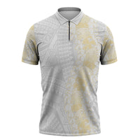 Niue White Sunday Zipper Polo Shirt Niuean Hiapo With Puakenikeni Lei LT05 White - Polynesian Pride