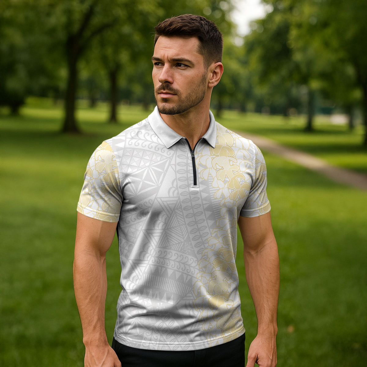 Niue White Sunday Zipper Polo Shirt Niuean Hiapo With Puakenikeni Lei LT05 - Polynesian Pride