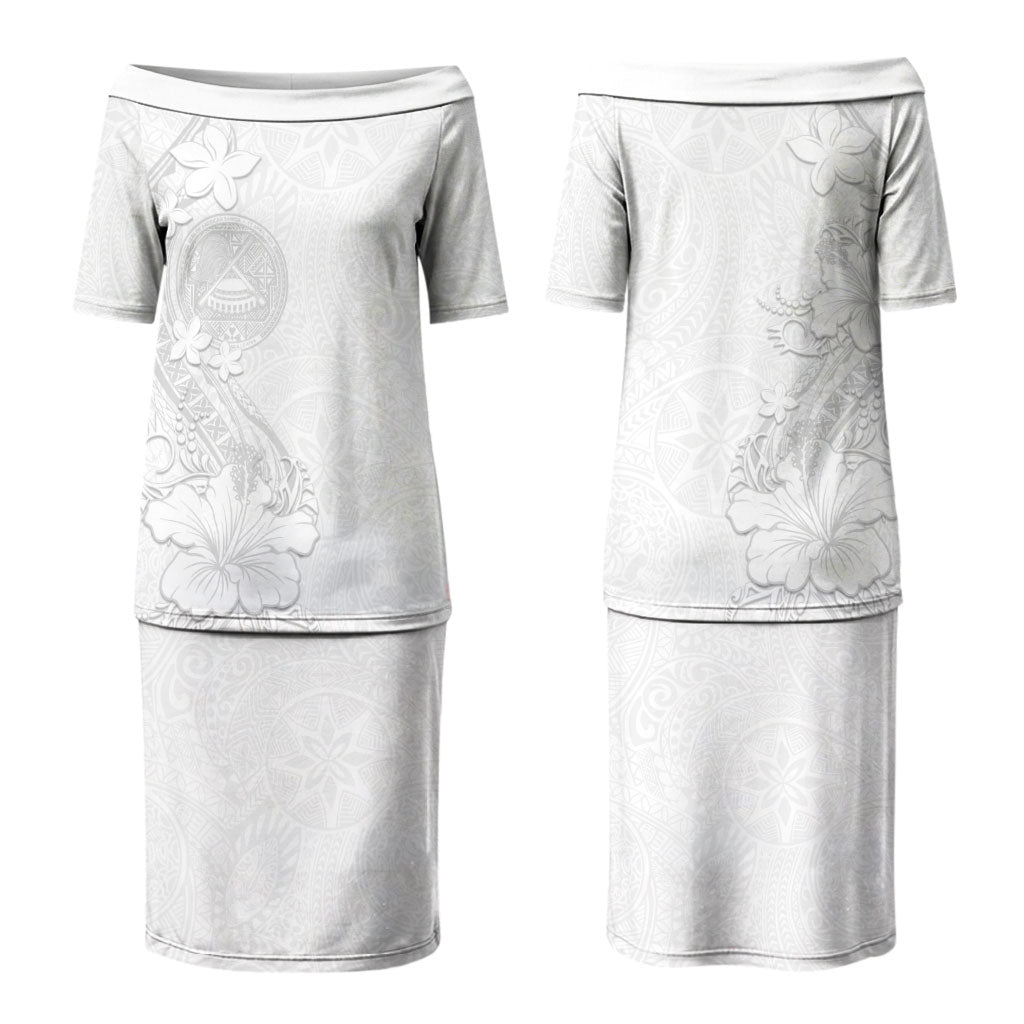 American Samoa White Sunday Couples Matching Puletasi and Long Sleeve Button Shirt Polynesian Pattern With Tropical Flowers LT05 - Polynesian Pride