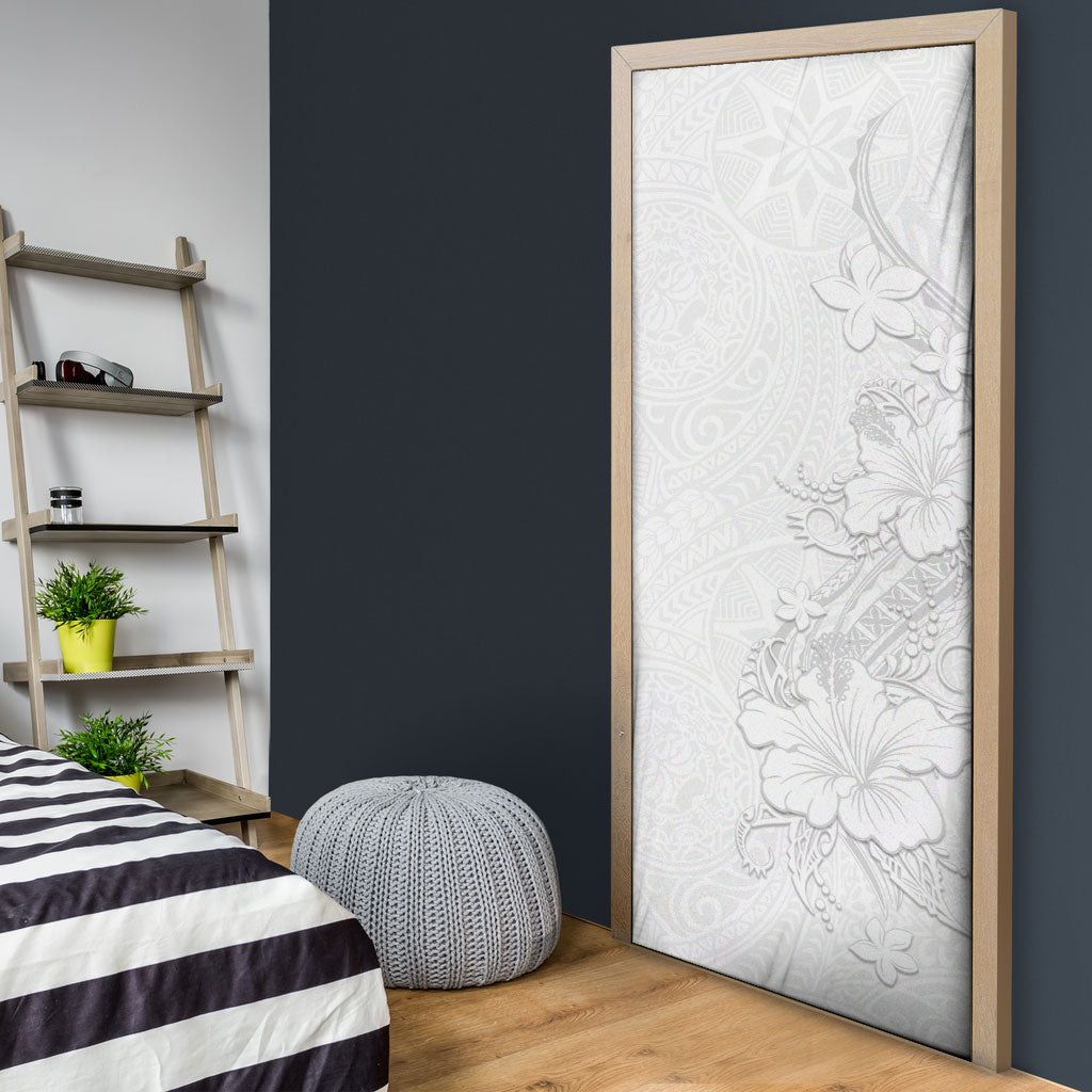 American Samoa White Sunday Door Cover Polynesian Pattern With Tropical Flowers