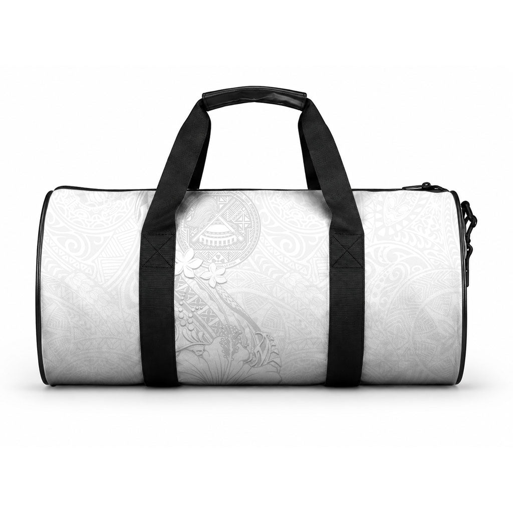 American Samoa White Sunday Duffle Bag Polynesian Pattern With Tropical Flowers