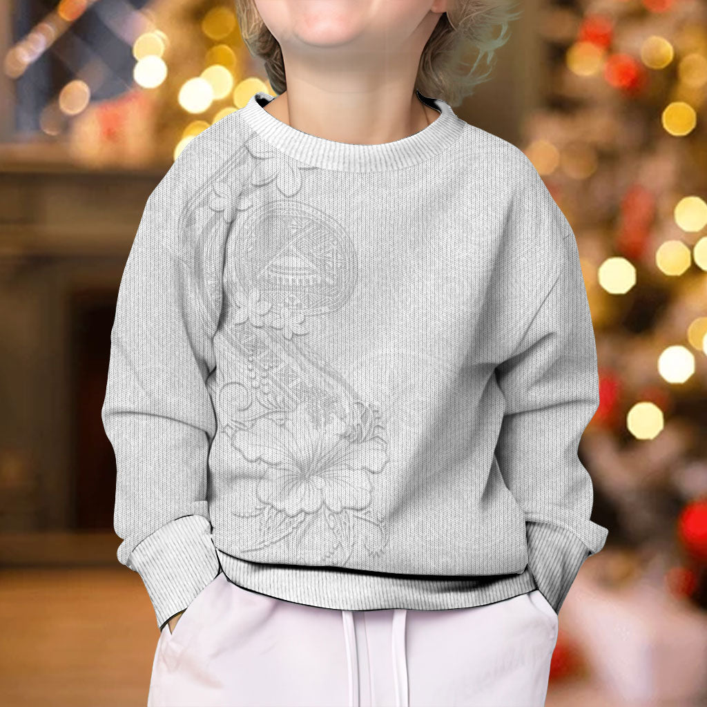 American Samoa White Sunday Kid Ugly Christmas Sweater Polynesian Pattern With Tropical Flowers