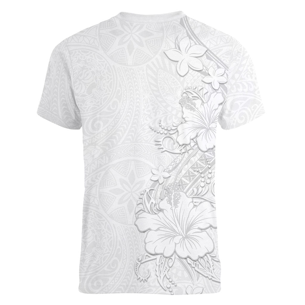 American Samoa White Sunday Women V-Neck T-Shirt Polynesian Pattern With Tropical Flowers LT05 - Polynesian Pride