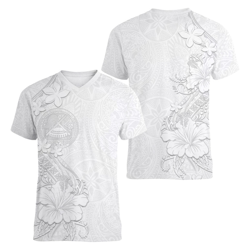 American Samoa White Sunday Women V-Neck T-Shirt Polynesian Pattern With Tropical Flowers LT05 - Polynesian Pride