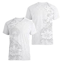 American Samoa White Sunday Women V-Neck T-Shirt Polynesian Pattern With Tropical Flowers LT05 - Polynesian Pride