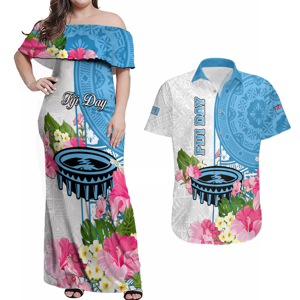 Fiji Day Couples Matching Off Shoulder Maxi Dress and Hawaiian Shirt Tanoa Hibiscus Fijian Tapa Masi Pattern LT05 White - Polynesian Pride