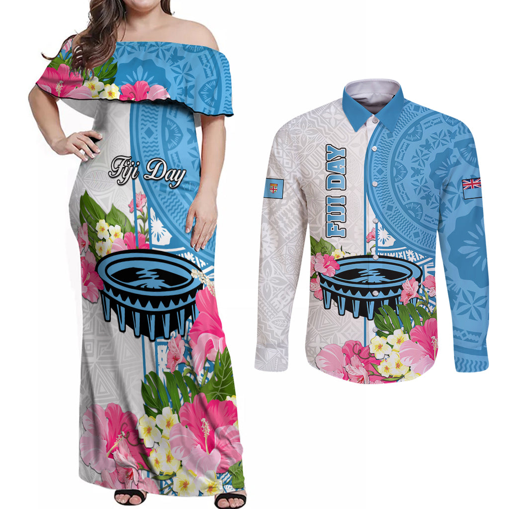 Fiji Day Couples Matching Off Shoulder Maxi Dress and Long Sleeve Button Shirts Tanoa Hibiscus Fijian Tapa Masi Pattern LT05 White - Polynesian Pride