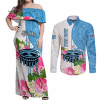 Fiji Day Couples Matching Off Shoulder Maxi Dress and Long Sleeve Button Shirts Tanoa Hibiscus Fijian Tapa Masi Pattern LT05 White - Polynesian Pride