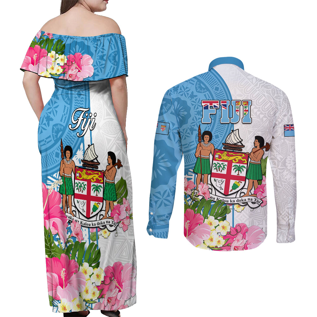 Fiji Day Couples Matching Off Shoulder Maxi Dress and Long Sleeve Button Shirts Tanoa Hibiscus Fijian Tapa Masi Pattern LT05 - Polynesian Pride