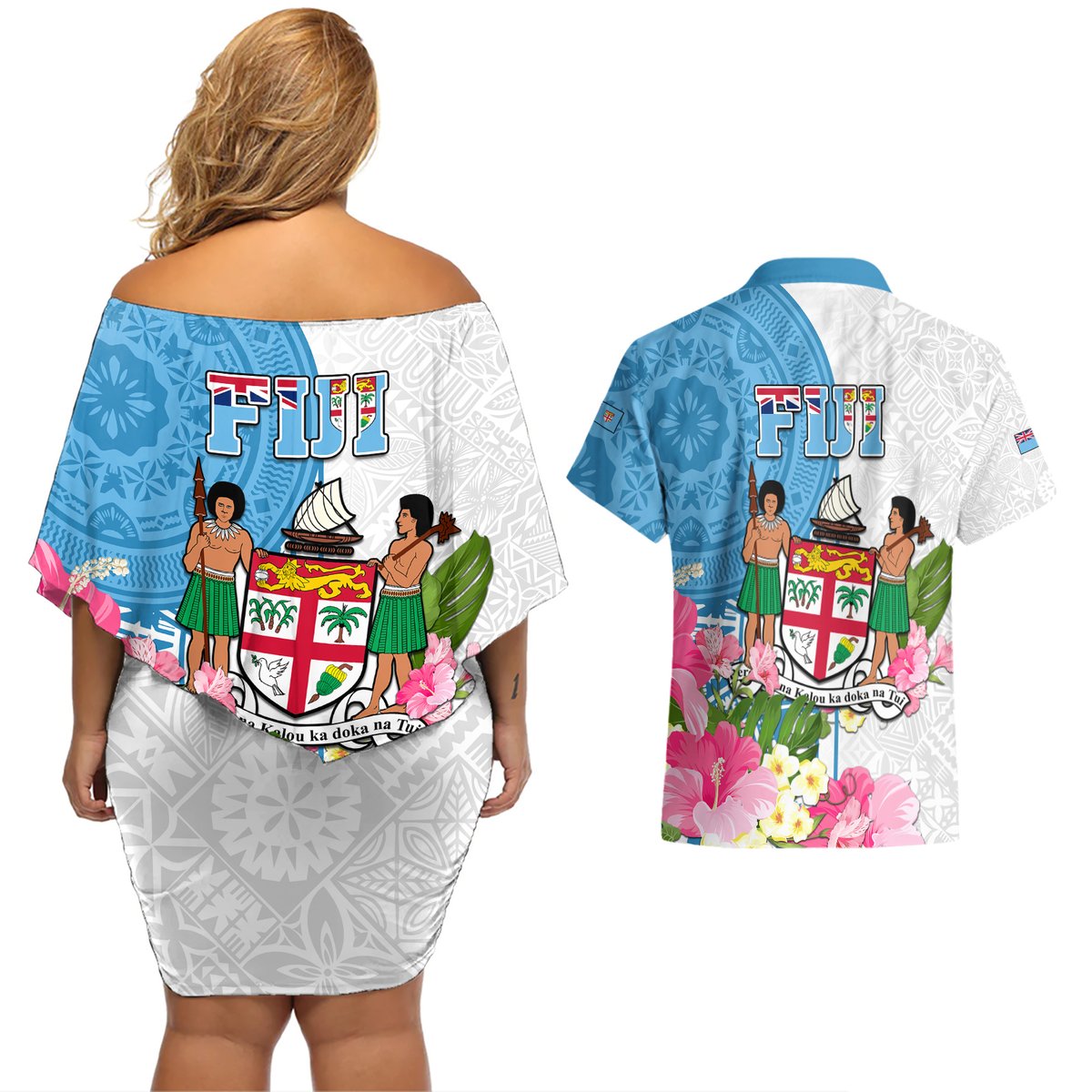 Fiji Day Couples Matching Off Shoulder Short Dress and Hawaiian Shirt Tanoa Hibiscus Fijian Tapa Masi Pattern LT05 - Polynesian Pride