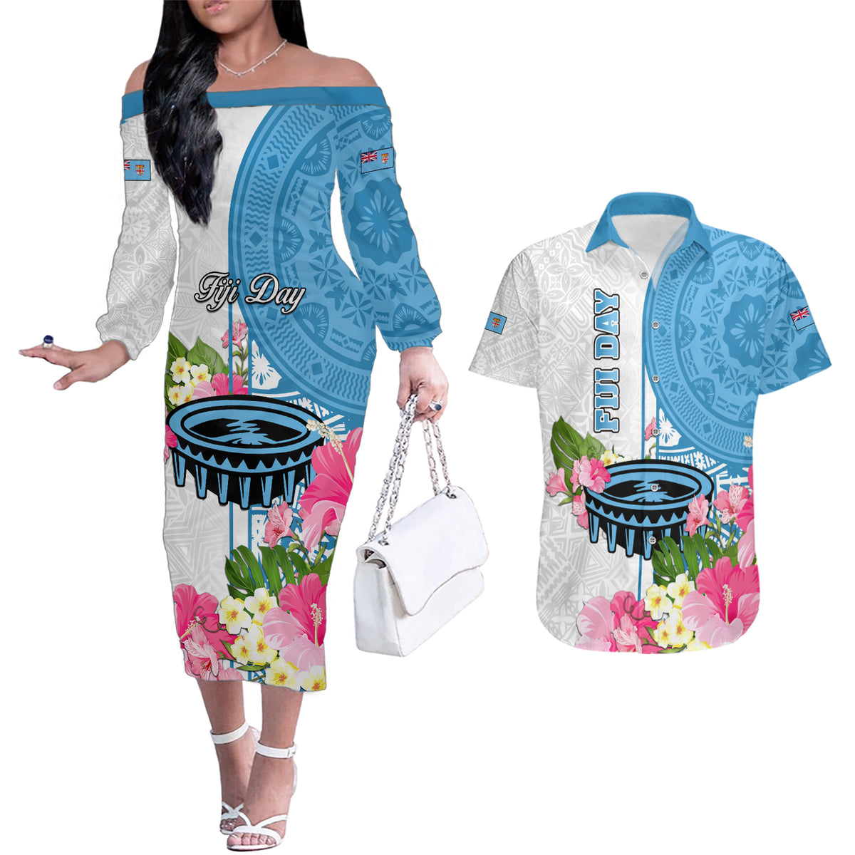 Fiji Day Couples Matching Off The Shoulder Long Sleeve Dress and Hawaiian Shirt Tanoa Hibiscus Fijian Tapa Masi Pattern LT05 White - Polynesian Pride
