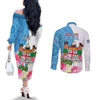 Fiji Day Couples Matching Off The Shoulder Long Sleeve Dress and Long Sleeve Button Shirts Tanoa Hibiscus Fijian Tapa Masi Pattern LT05 - Polynesian Pride