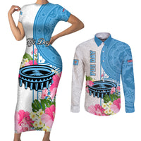 Fiji Day Couples Matching Short Sleeve Bodycon Dress and Long Sleeve Button Shirts Tanoa Hibiscus Fijian Tapa Masi Pattern LT05 White - Polynesian Pride