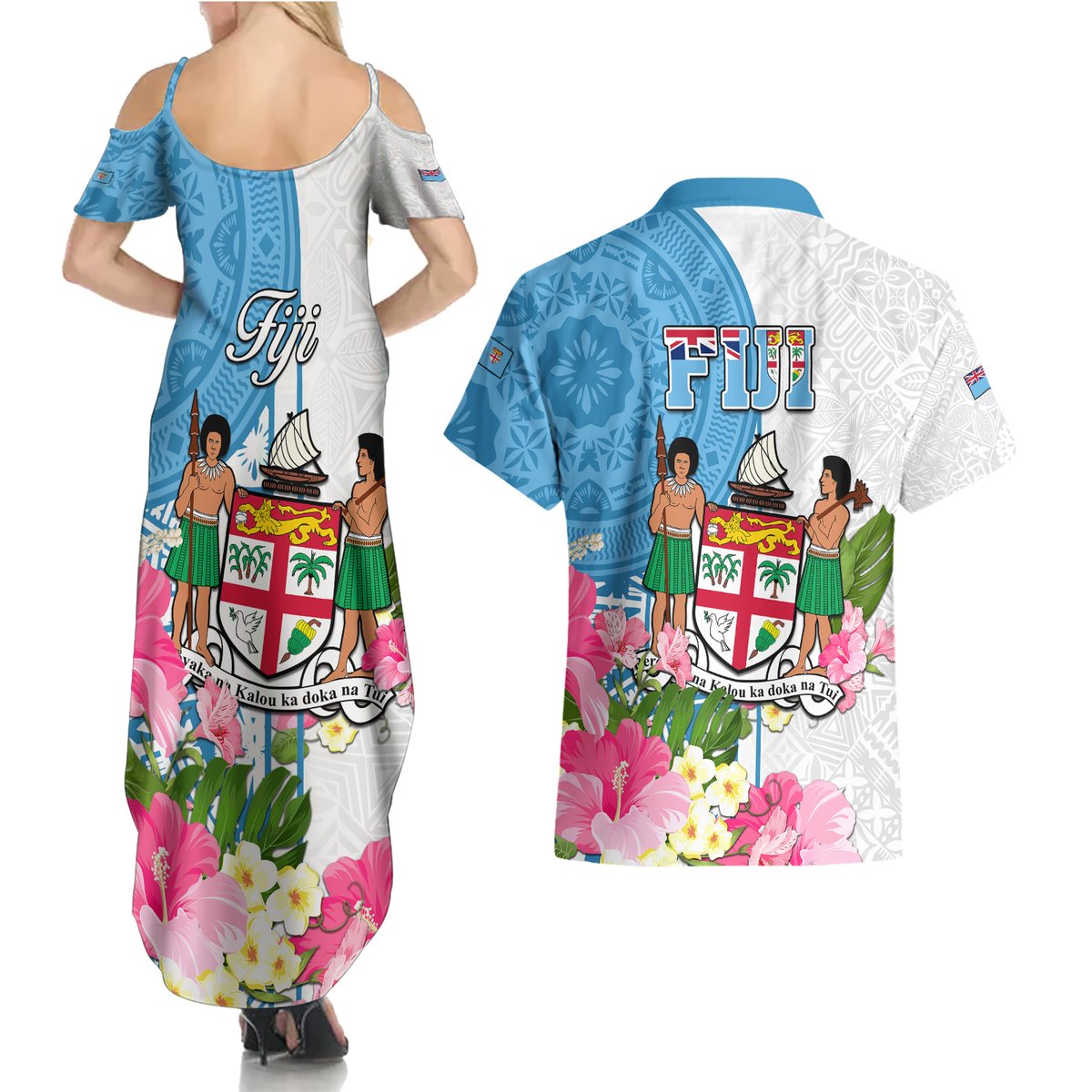 Fiji Day Couples Matching Summer Maxi Dress and Hawaiian Shirt Tanoa Hibiscus Fijian Tapa Masi Pattern LT05 - Polynesian Pride