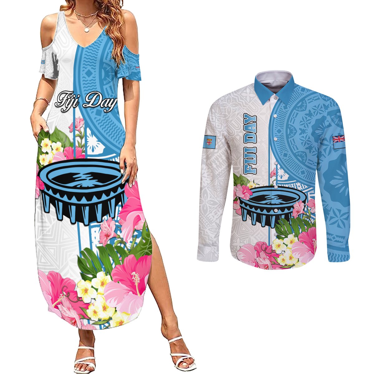 Fiji Day Couples Matching Summer Maxi Dress and Long Sleeve Button Shirts Tanoa Hibiscus Fijian Tapa Masi Pattern LT05 White - Polynesian Pride