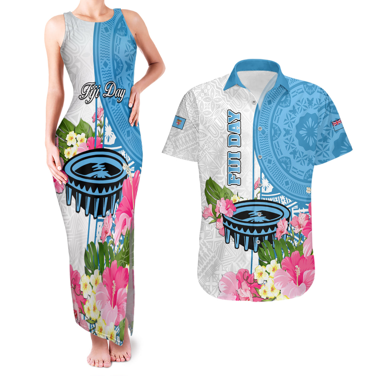 Fiji Day Couples Matching Tank Maxi Dress and Hawaiian Shirt Tanoa Hibiscus Fijian Tapa Masi Pattern LT05 White - Polynesian Pride