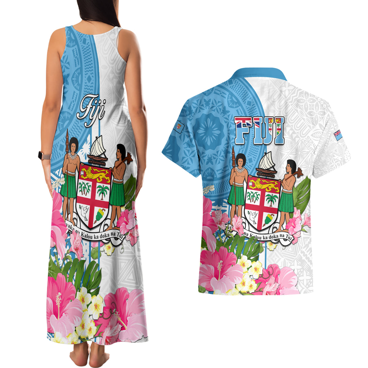 Fiji Day Couples Matching Tank Maxi Dress and Hawaiian Shirt Tanoa Hibiscus Fijian Tapa Masi Pattern LT05 - Polynesian Pride