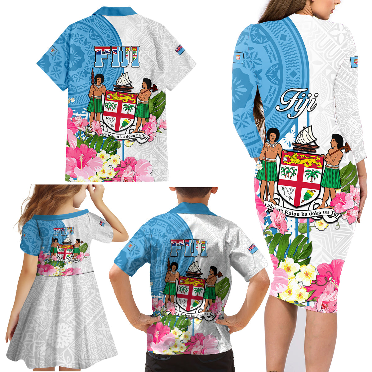 Fiji Day Family Matching Long Sleeve Bodycon Dress and Hawaiian Shirt Tanoa Hibiscus Fijian Tapa Masi Pattern LT05 - Polynesian Pride