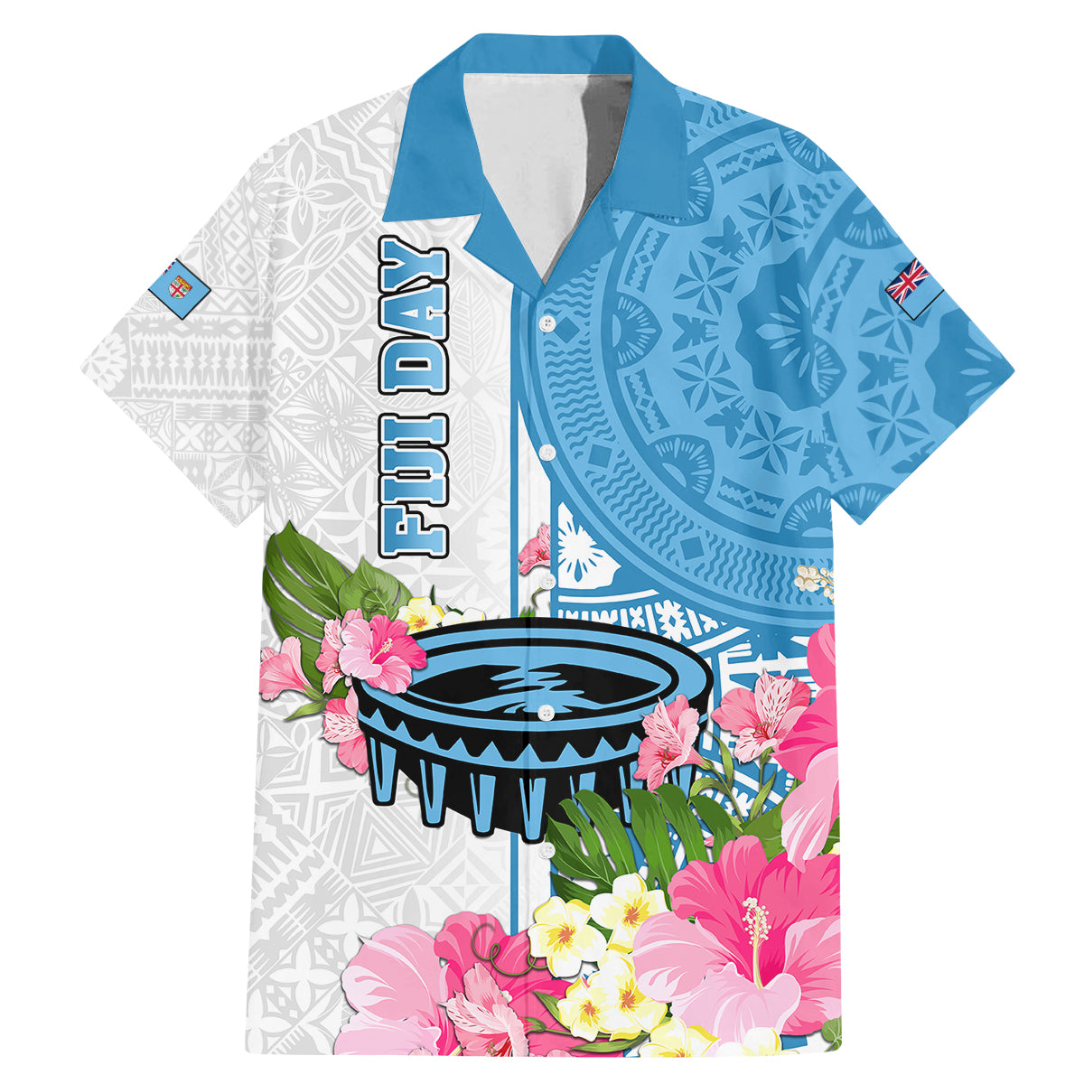 Fiji Day Family Matching Mermaid Dress and Hawaiian Shirt Tanoa Hibiscus Fijian Tapa Masi Pattern LT05 Dad's Shirt - Short Sleeve White - Polynesian Pride