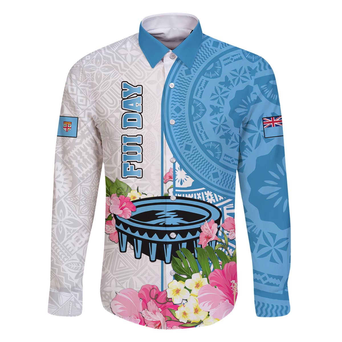 Fiji Day Family Matching Off Shoulder Long Sleeve Dress and Hawaiian Shirt Tanoa Hibiscus Fijian Tapa Masi Pattern LT05 Dad's Shirt - Long Sleeve White - Polynesian Pride