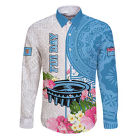 Fiji Day Family Matching Off Shoulder Long Sleeve Dress and Hawaiian Shirt Tanoa Hibiscus Fijian Tapa Masi Pattern LT05 Dad's Shirt - Long Sleeve White - Polynesian Pride