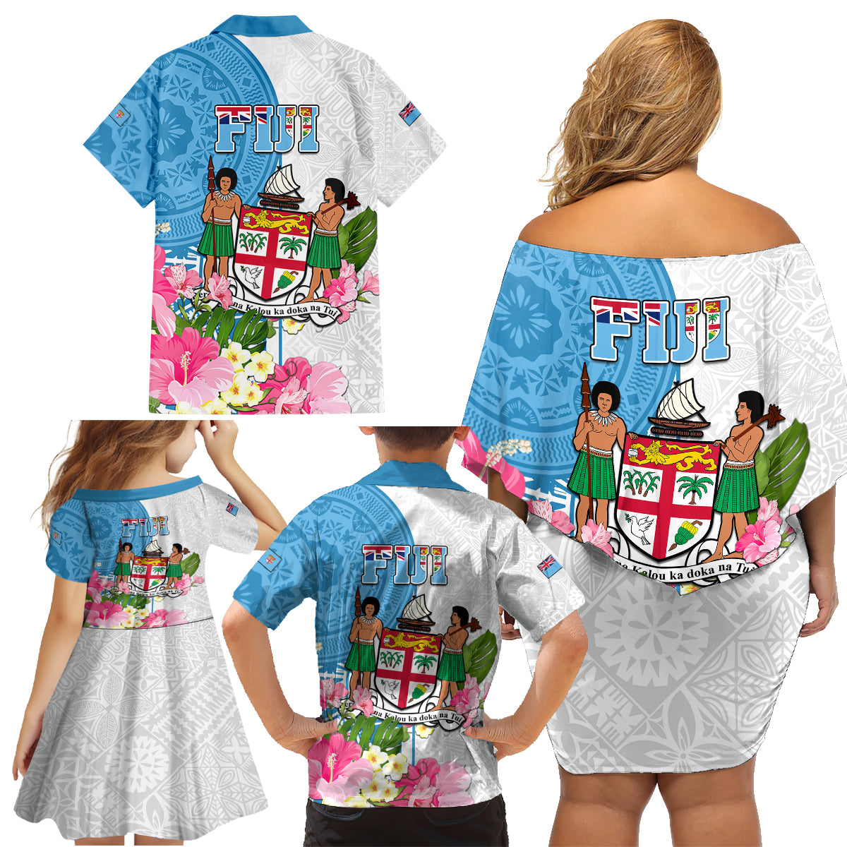 Fiji Day Family Matching Off Shoulder Short Dress and Hawaiian Shirt Tanoa Hibiscus Fijian Tapa Masi Pattern LT05 - Polynesian Pride