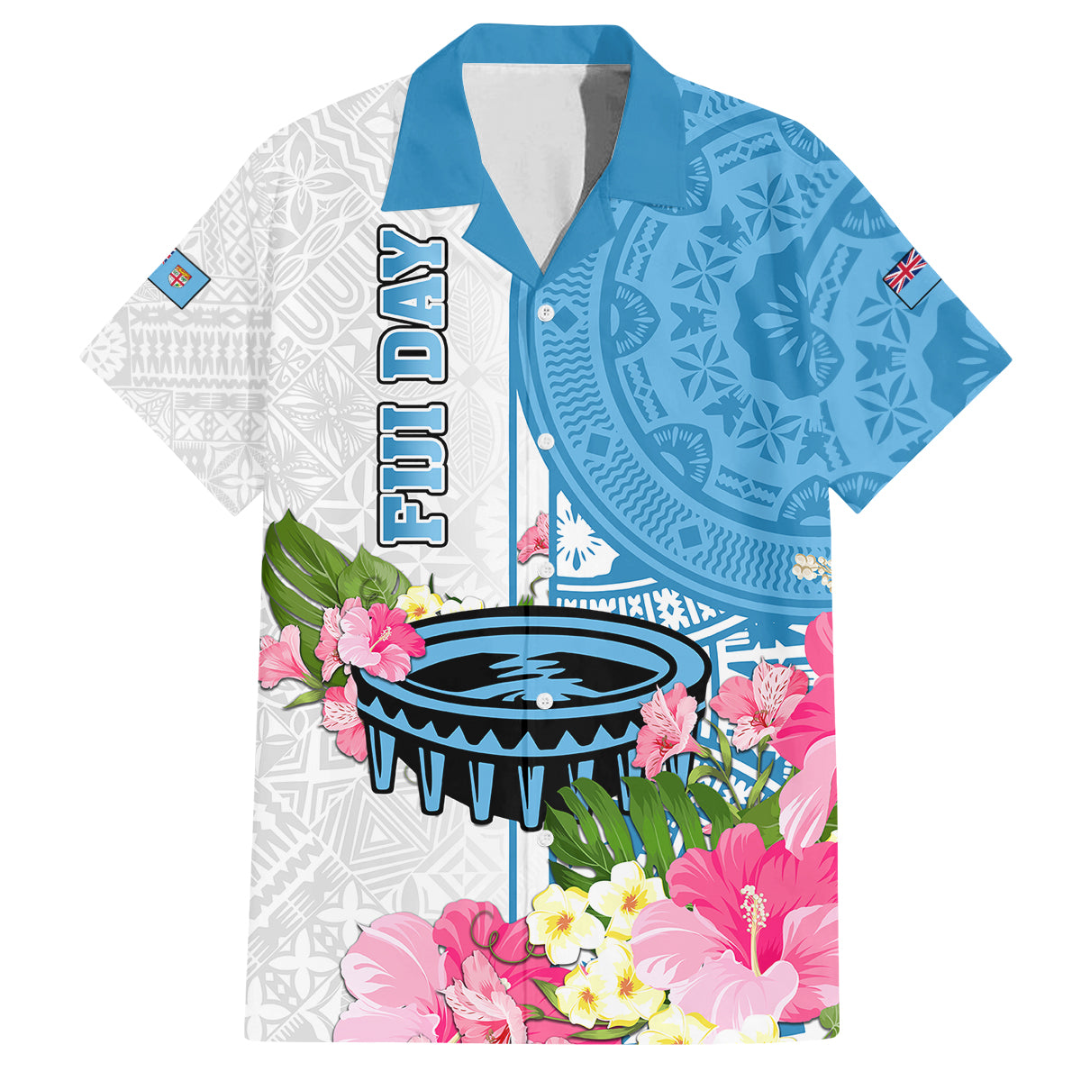 Fiji Day Family Matching Off Shoulder Short Dress and Hawaiian Shirt Tanoa Hibiscus Fijian Tapa Masi Pattern LT05 Dad's Shirt - Short Sleeve White - Polynesian Pride