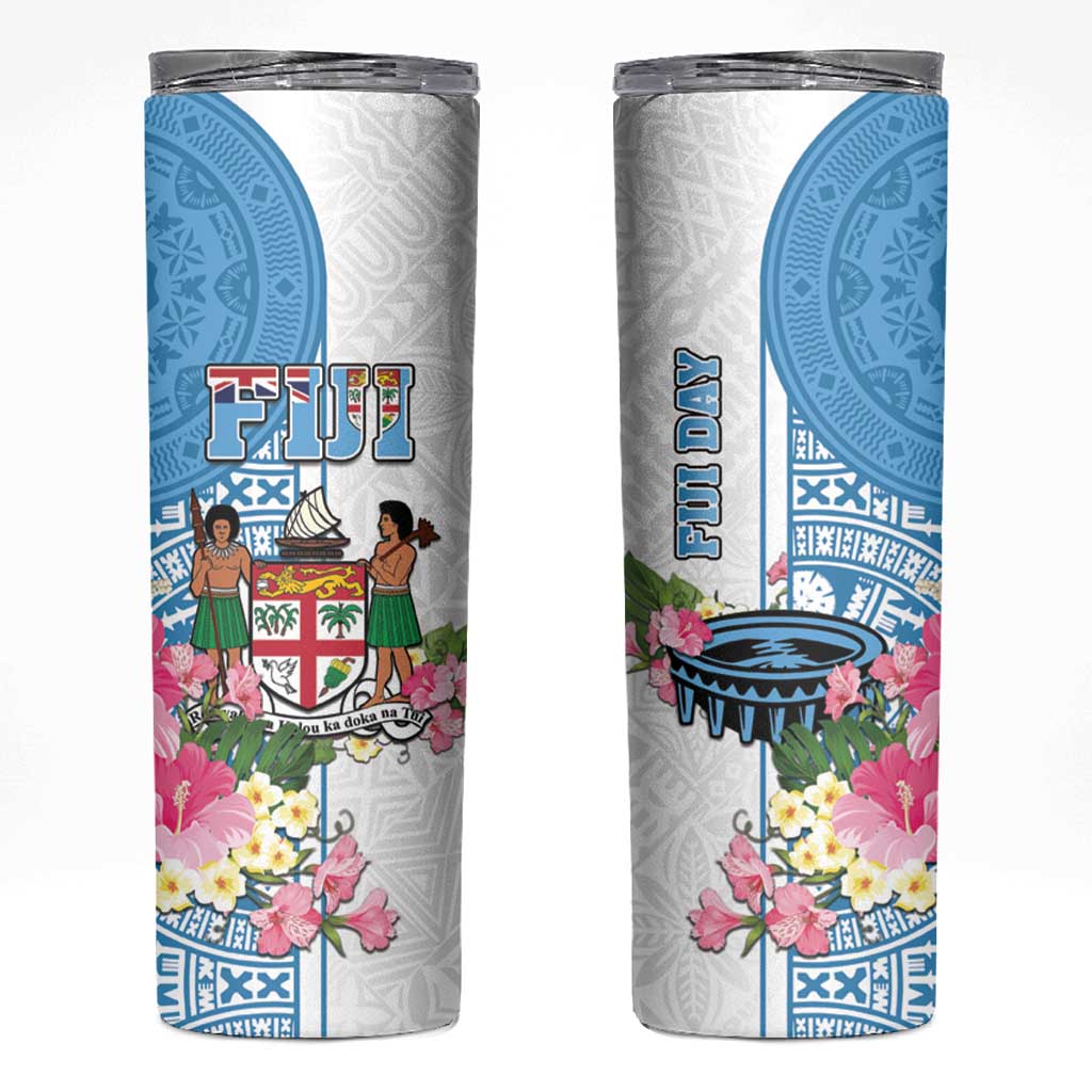 Fiji Day Skinny Tumbler Tanoa Hibiscus Fijian Tapa Masi Pattern LT05 White - Polynesian Pride