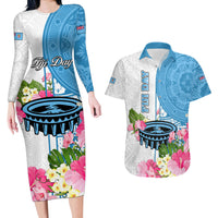 Personalized Fiji Day Couples Matching Long Sleeve Bodycon Dress and Hawaiian Shirt Tanoa Hibiscus Fijian Tapa Masi Pattern LT05 White - Polynesian Pride