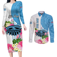 Personalized Fiji Day Couples Matching Long Sleeve Bodycon Dress and Long Sleeve Button Shirts Tanoa Hibiscus Fijian Tapa Masi Pattern LT05 White - Polynesian Pride